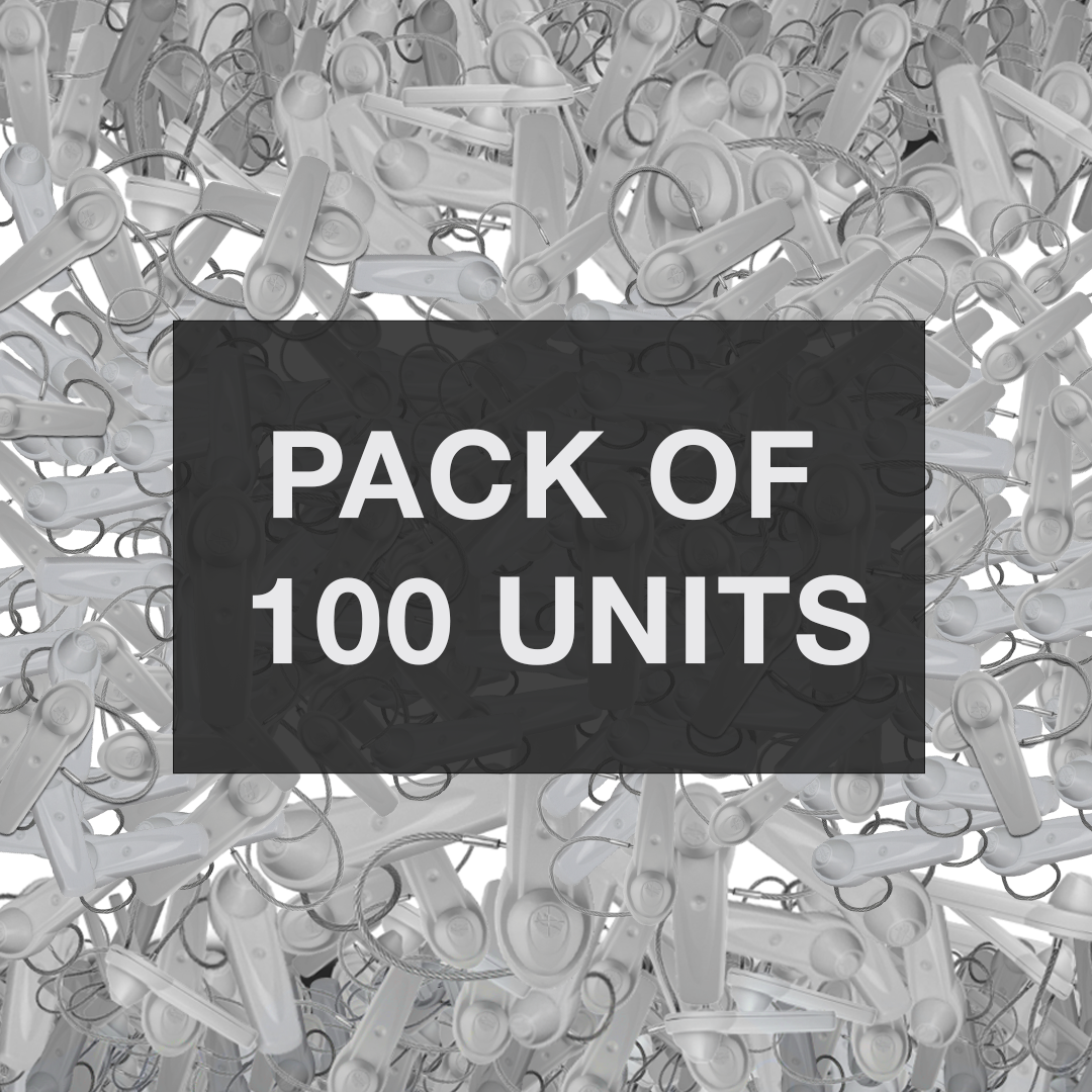Ultra Tag Lanyard – Pack of 100 units. Bulk pack providing durable and reliable anti-theft protection with a flexible lanyard, ideal for securing various retail merchandise.