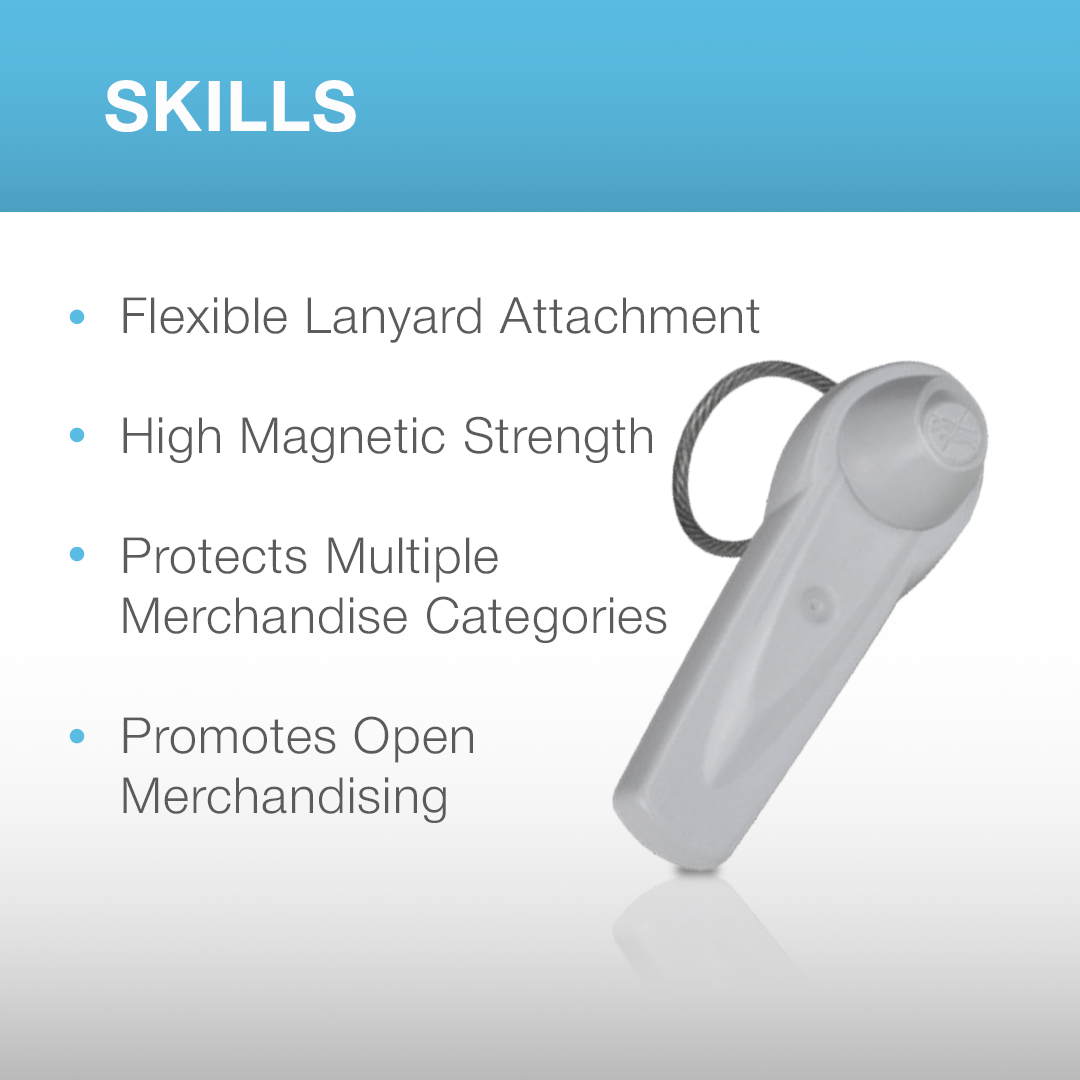 Ultra Tag Lanyard highlighting key skills: flexible lanyard attachment, high magnetic strength, protects multiple merchandise categories, and promotes open merchandising. Ideal for secure and versatile retail loss prevention.