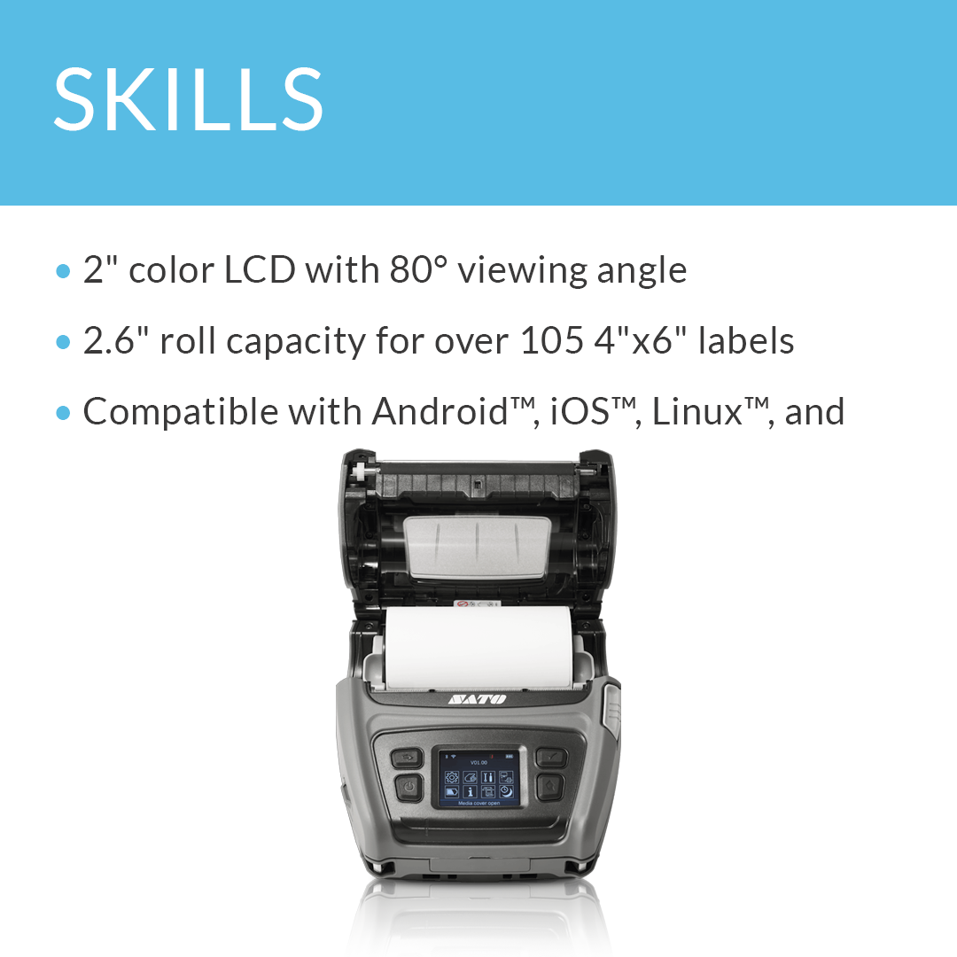 SATO PV4 WLAN 203 dpi thermal label printer with key skills and features list