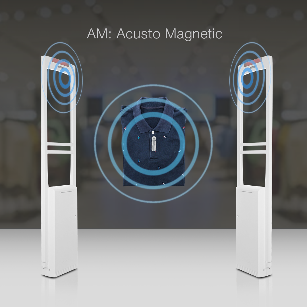 AM Magnetic Pencil Tag applied to a shirt between two panels, with waves emanating from both the tag and the panels, showcasing its acousto-magnetic (AM) technology. Provides effective anti-theft protection for apparel using AM security systems.
