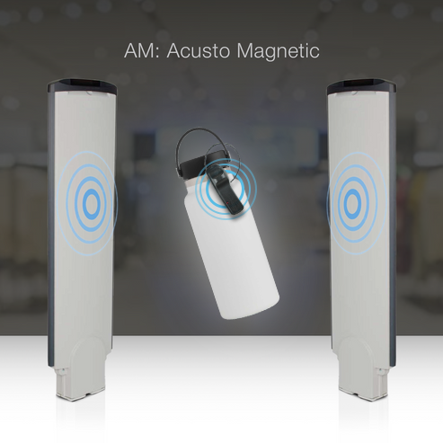 Alarming Supertag 15cm Lanyard on a bottle, activated between security panels with anti-theft detection waves.