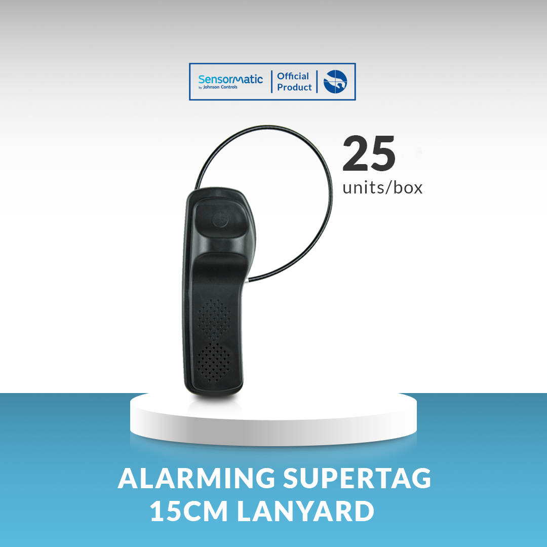 Alarming Supertag 15cm Lanyard – Pack of 25 units per box for high-security retail protection.