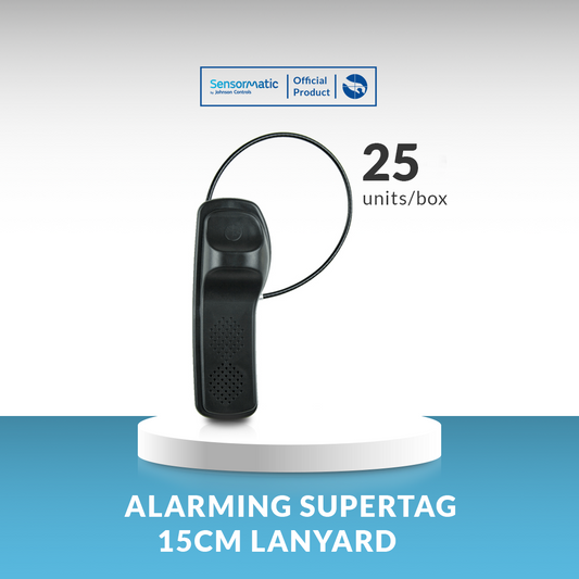 Alarming Supertag 15cm Lanyard – Pack of 25 units per box for high-security retail protection.