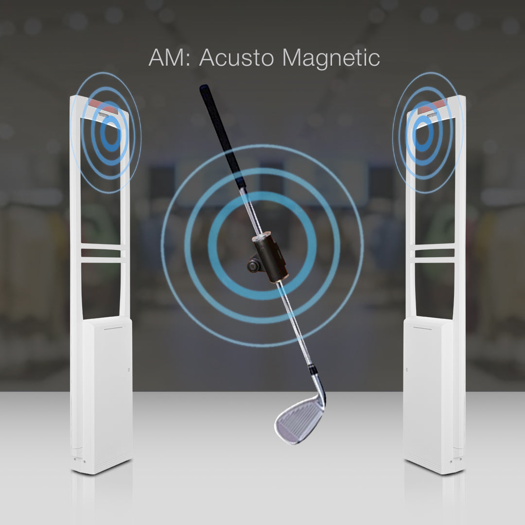 Golf Club Security Tag 9kg with AM (Acousto-Magnetic) technology, detected between security panels for advanced anti-theft protection.