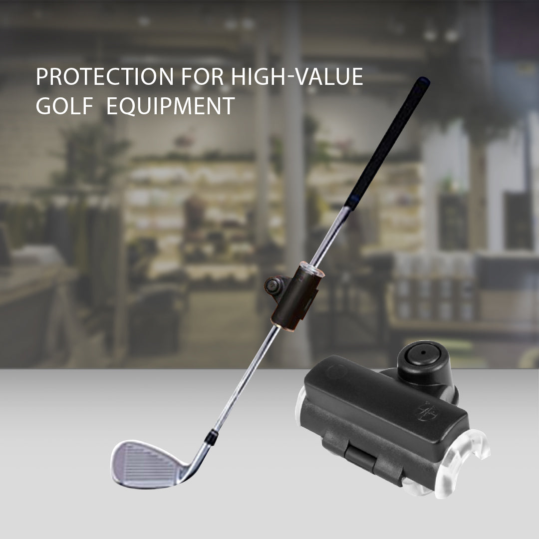 Golf Club Security Tag 9kg attached to a golf club, providing strong anti-theft protection for high-value golf equipment.