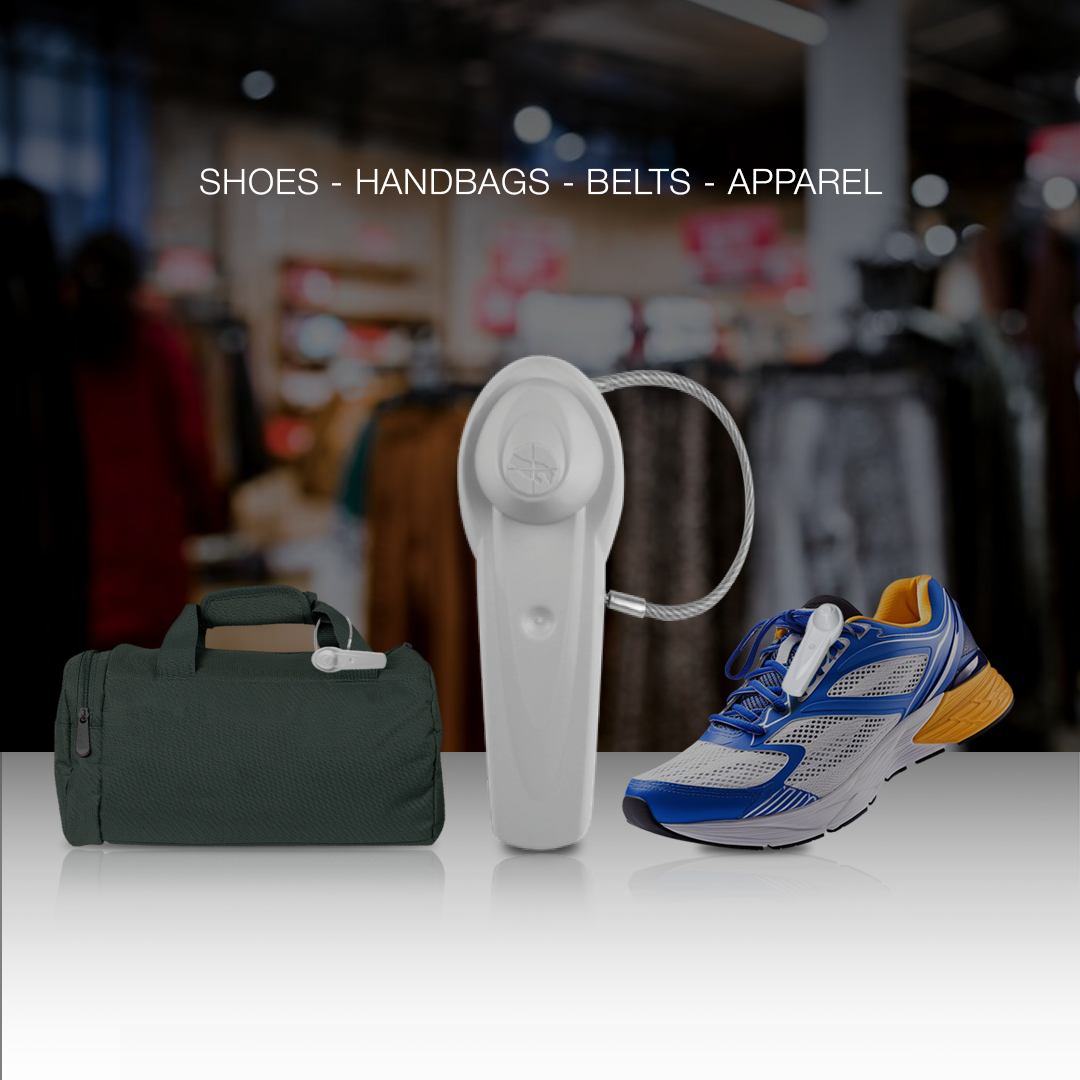 Ultra Tag Lanyard applied to a bag and a shoe. Designed for securing shoes, handbags, belts, and apparel. Features an integrated lanyard for reliable anti-theft protection in retail environments.