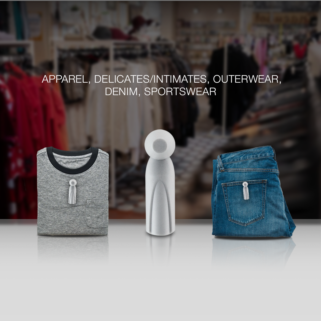 RF Magnetic Pencil Tag applied to a t-shirt and jeans. Designed for use on apparel, including delicates, intimates, outerwear, denim, and sportswear. Provides reliable anti-theft protection with RF technology for effective retail security.