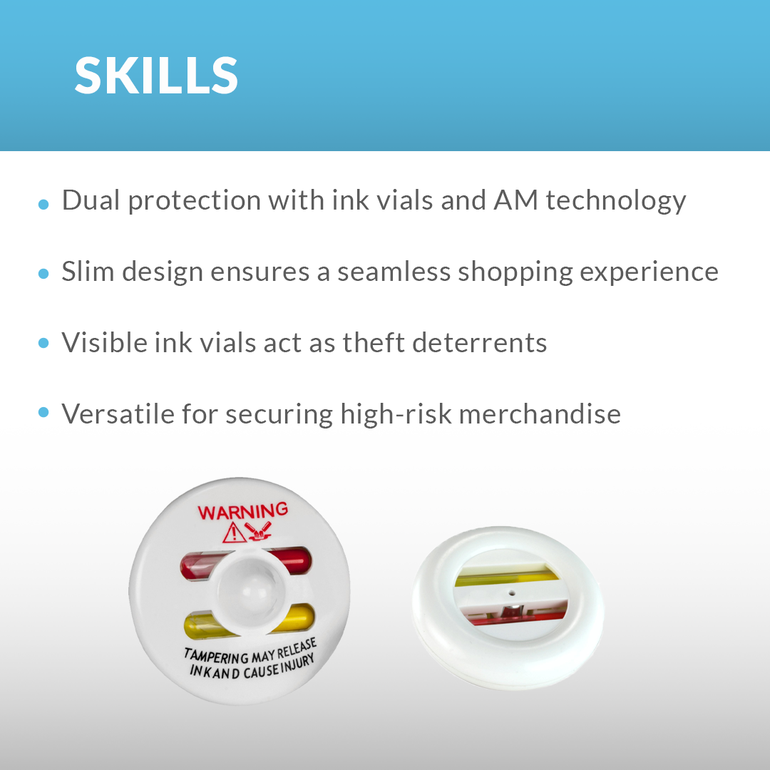 Saucer Ink Security Tag – Dual protection with ink vials & AM technology, slim design, theft deterrent, and ideal for high-risk merchandise.