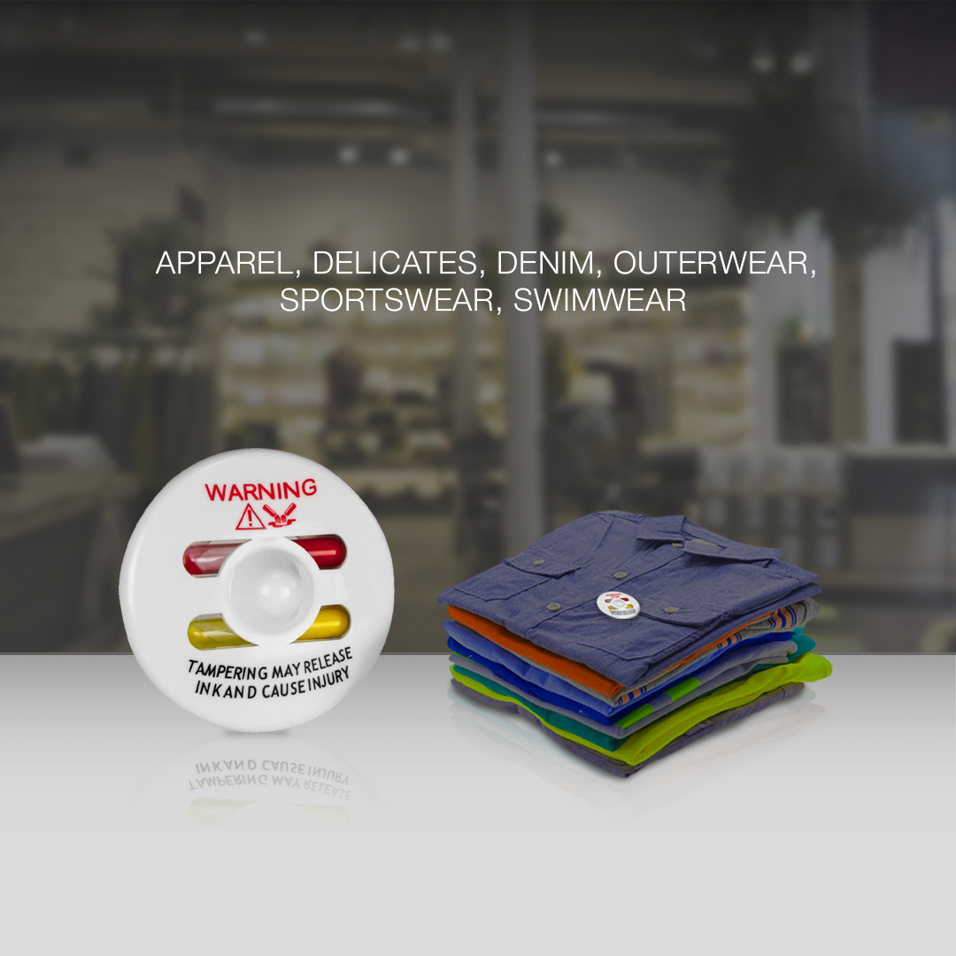 Saucer Ink Security Tag attached to a shirt – ideal for protecting apparel, delicates, denim, outerwear, sportswear, and swimwear.