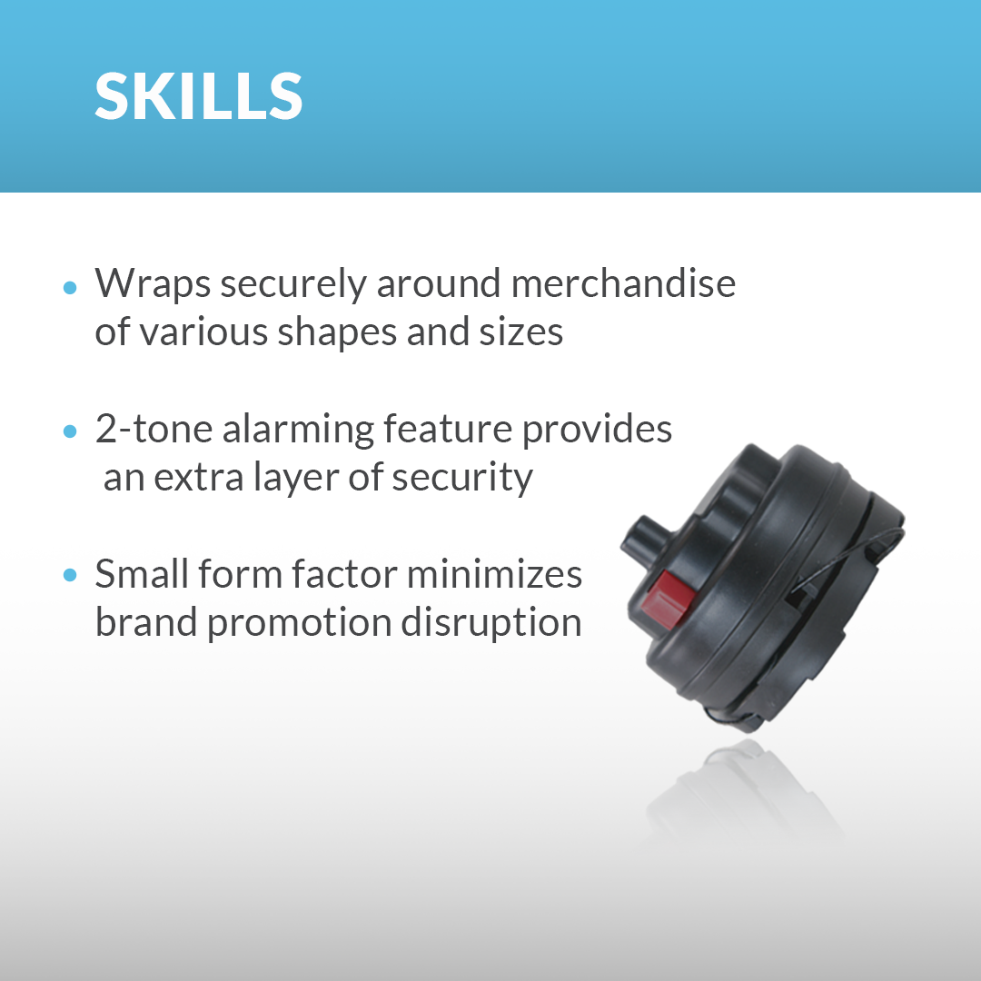 Alarming Wrap showcasing key skills: wraps securely around merchandise of various shapes and sizes, 2-tone alarming feature provides an extra layer of security, and small form factor minimizes brand promotion disruption in retail environments.