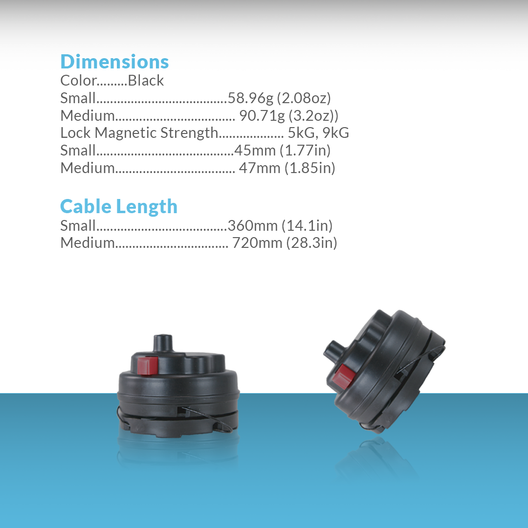 Alarming Wrap displaying its dimensions and cable length. Designed for secure application on a variety of retail items, ensuring reliable anti-theft protection with an integrated alarm system.