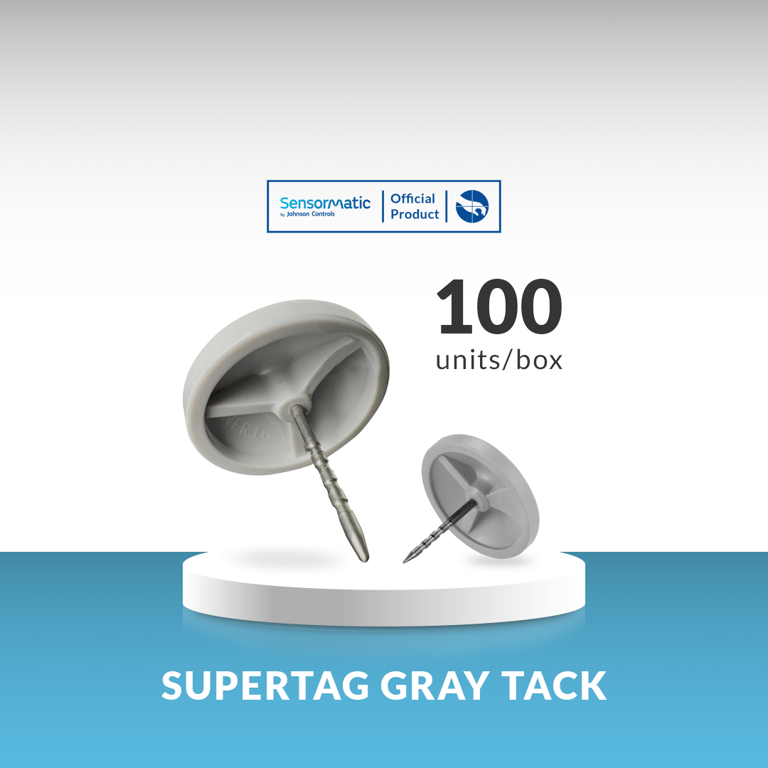Supertag Gray Tack – 100 units per box. High-security anti-theft tags designed for effective retail loss prevention, featuring durable construction and reliable performance for a wide range of products.