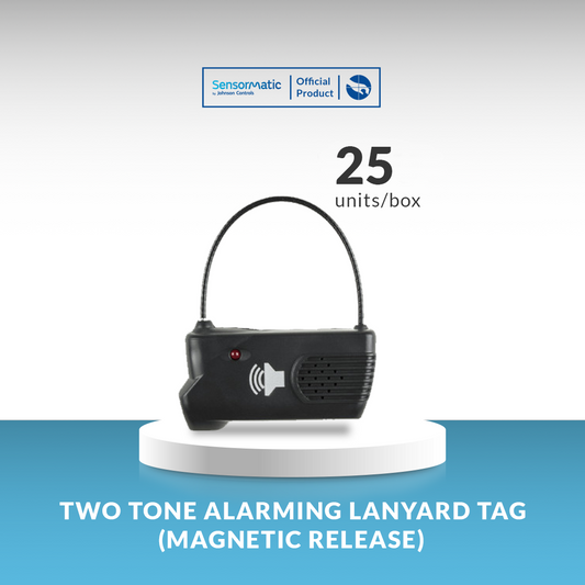Sensormatic Two-Tone Alarming Lanyard Security Tag (Magnetic Release) – Pack of 25 units per box for high-security retail protection.