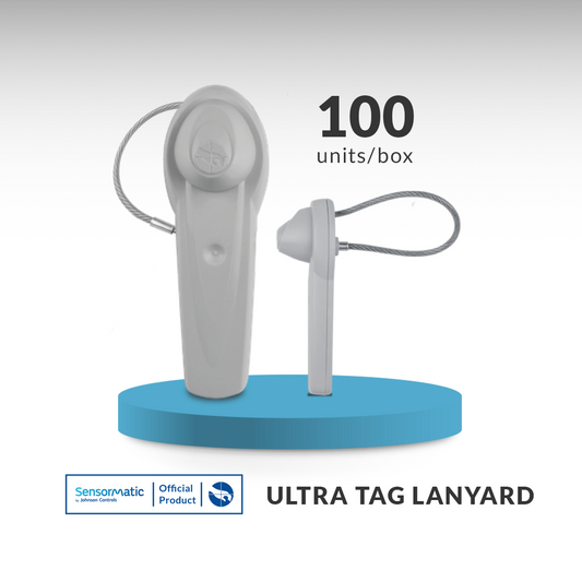 Ultra Tag Lanyard – 100 units per box. High-security anti-theft tag with an integrated lanyard for protecting hard-to-tag merchandise. Ideal for retail loss prevention with reliable and durable design.