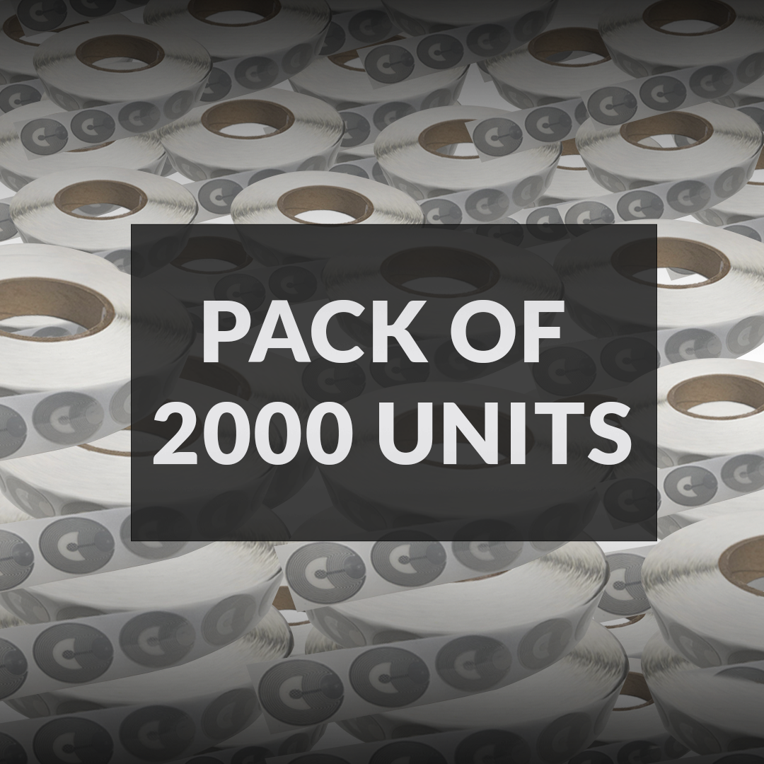RF Round Security Label – Pack of 2,000 units. Bulk packaging offering reliable anti-theft labels with RF technology, ideal for retail security across a wide range of products. Ensures efficient loss prevention and protection.