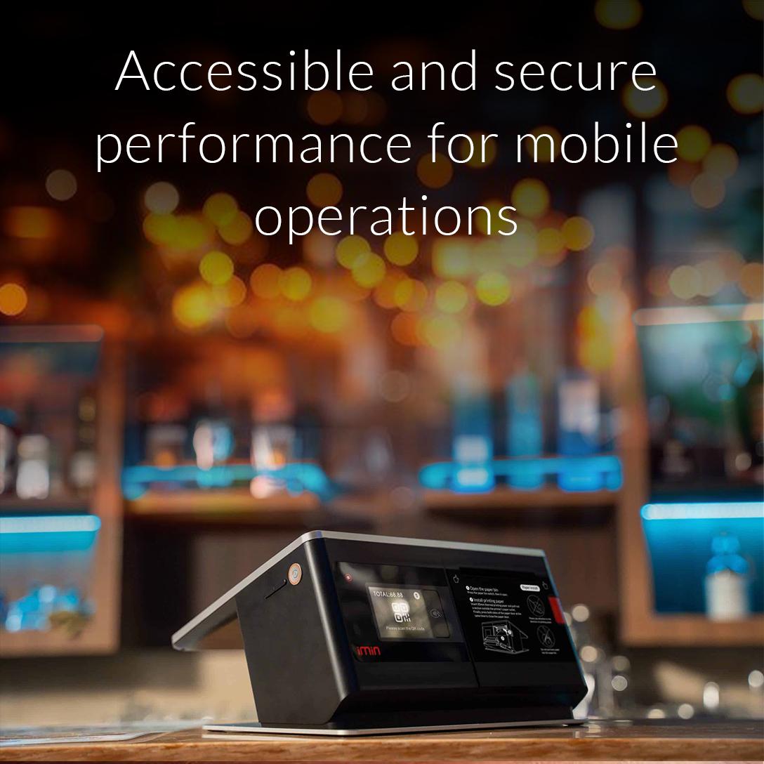 IMin Falcon 1 NFC handheld POS terminal in use at a bar, delivering accessible and secure performance for mobile operations, ideal for quick payments and efficient service in dynamic hospitality environments.