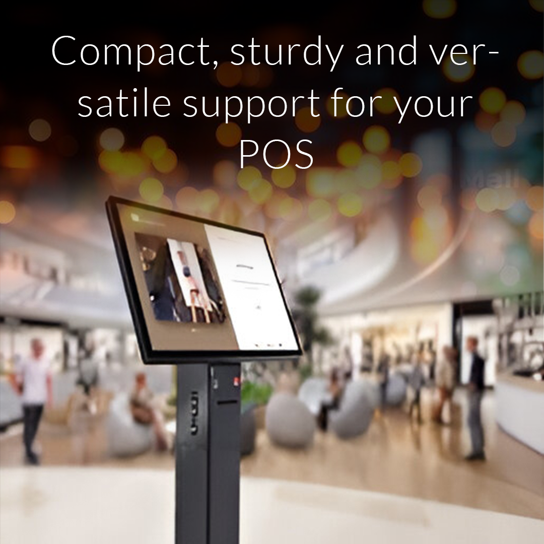 IMin Floor Stand in a restaurant setting, providing compact, sturdy, and versatile support for POS terminals, enhancing order processing and improving workflow efficiency in high-traffic environments.