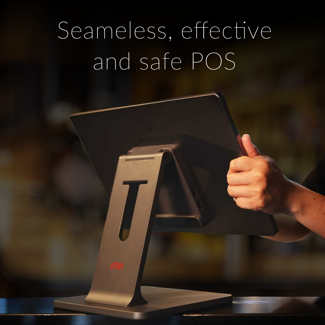 IMin Swan 1 Pro presented with the title "Seamless, Effective and Safe POS," showcasing its secure NFC payment capabilities, dual-screen flexibility, and user-friendly design for efficient retail and hospitality operations.
