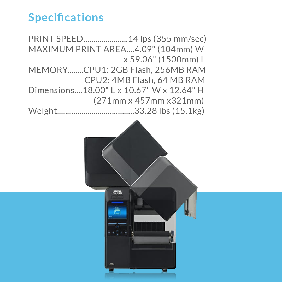SATO CL4NX Plus 305 dpi industrial thermal label printer with specifications and bullet points displayed