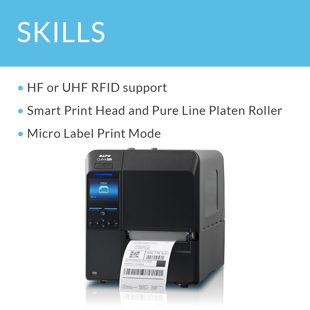 SATO CL4NX Plus 609 dpi industrial thermal label printer with skills and bullet points displayed