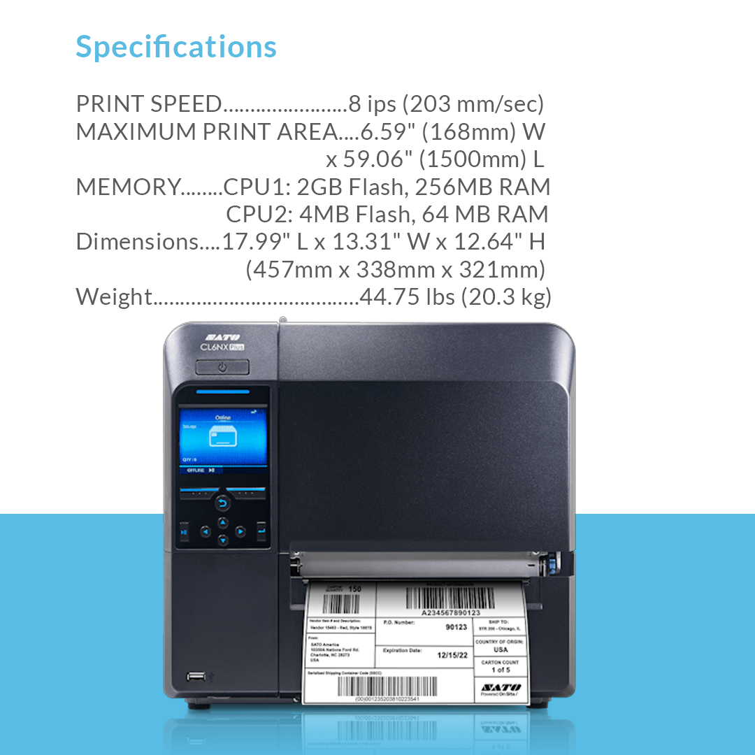 SATO CL6NX Plus 305 dpi industrial thermal label printer with specifications