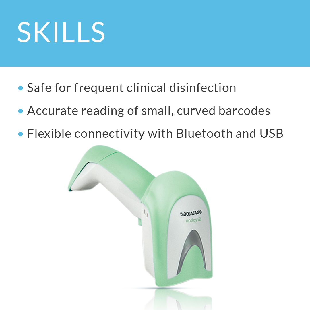 SATO Gryphon 4500 handheld barcode scanner with skills and bullet points displayed