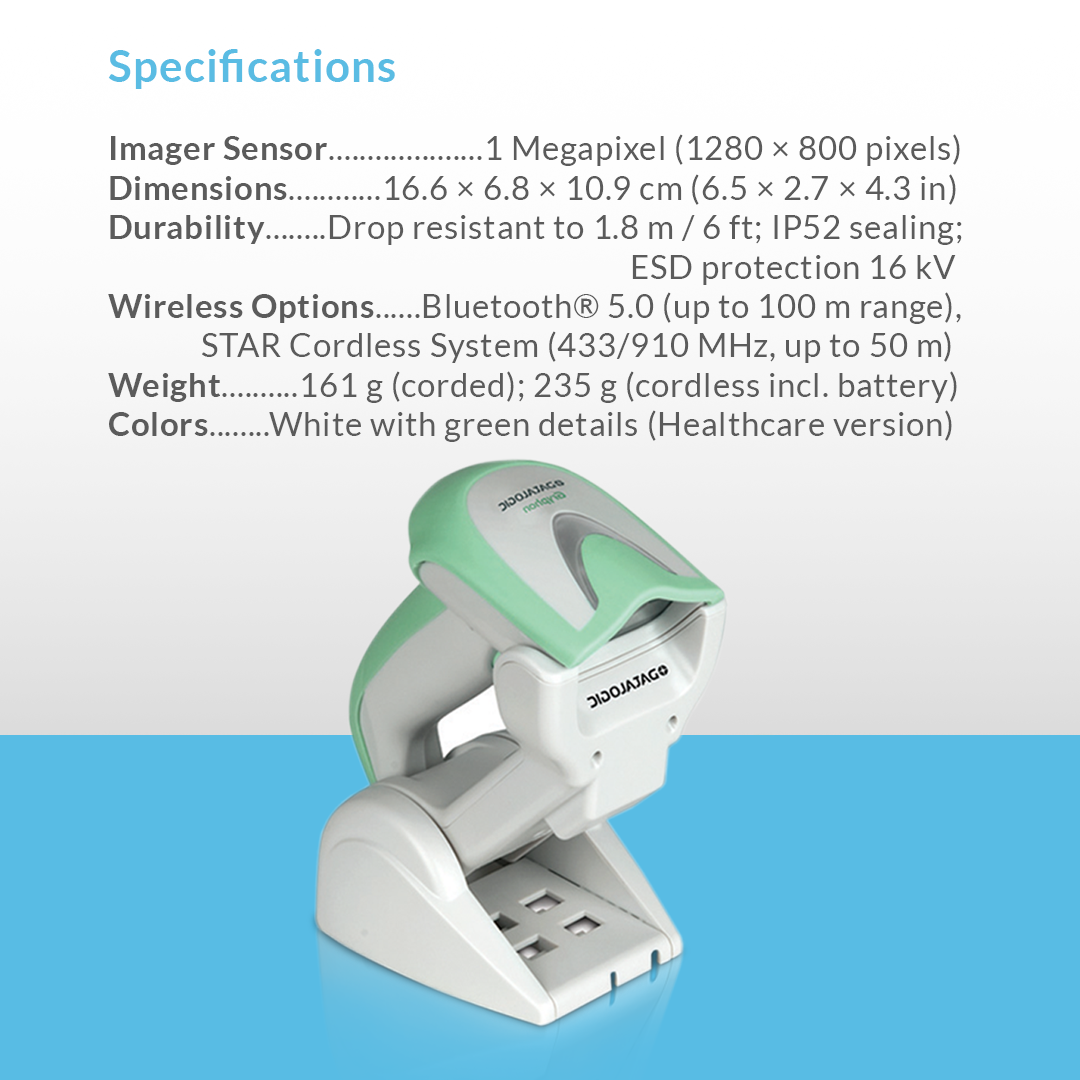 SATO Gryphon 4500 handheld barcode scanner with specifications and bullet points displayed