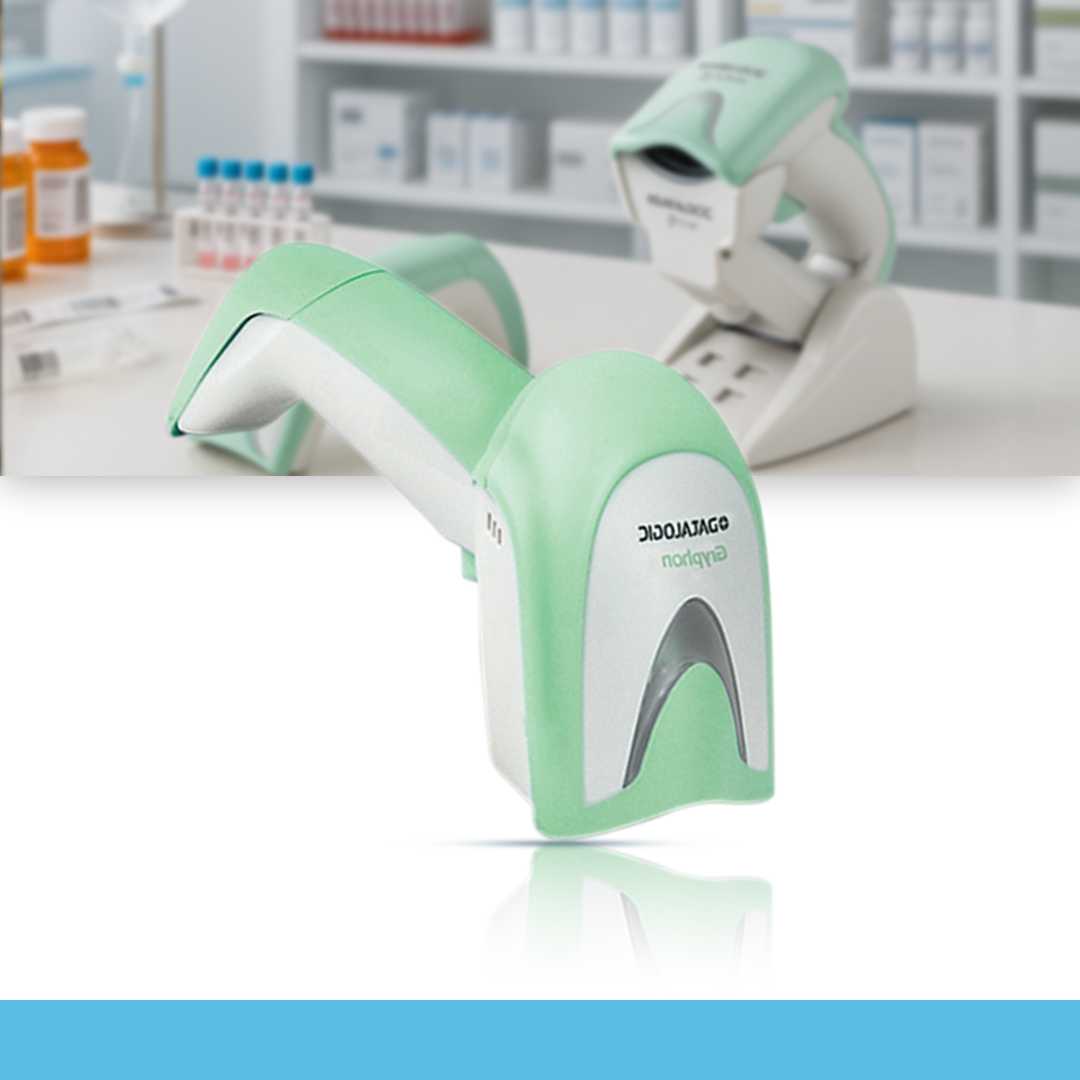 SATO Gryphon 4500 handheld barcode scanner in use on table with laboratory background