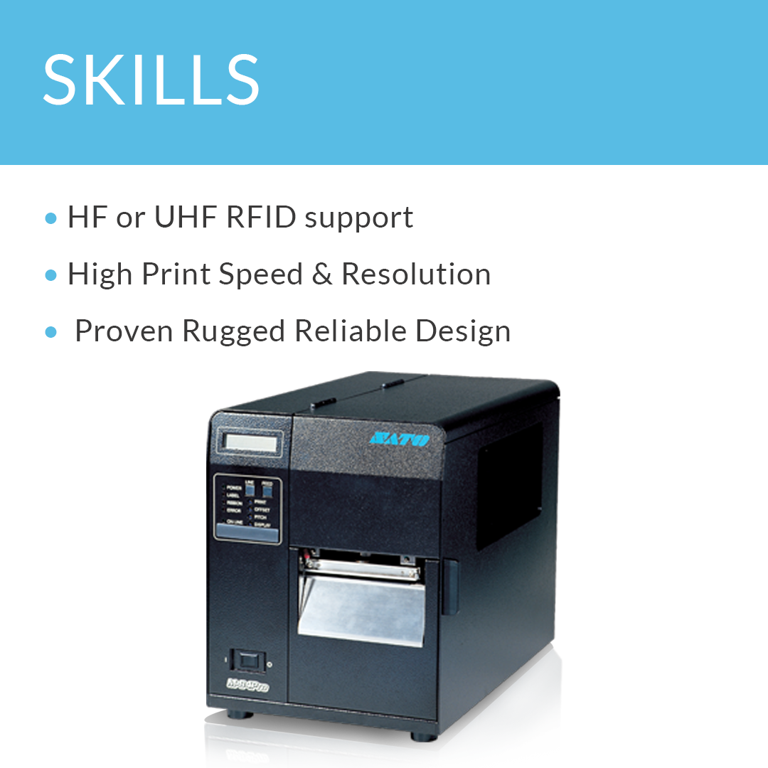 SATO M84Pro 203 dpi thermal label printer with skills and bullet points displayed