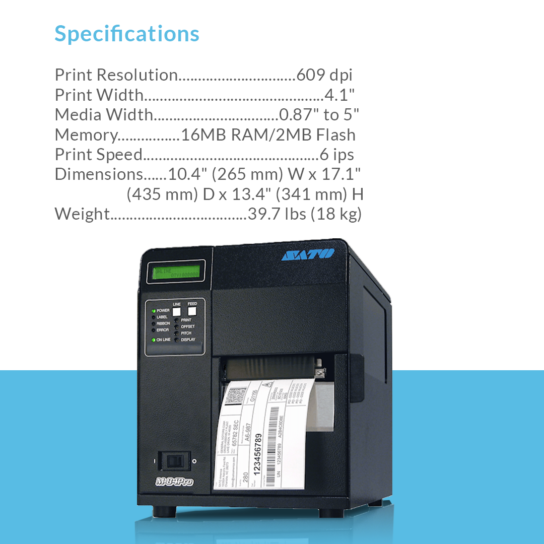 SATO M84Pro 609 dpi thermal label printer with specifications and bullet points displayed