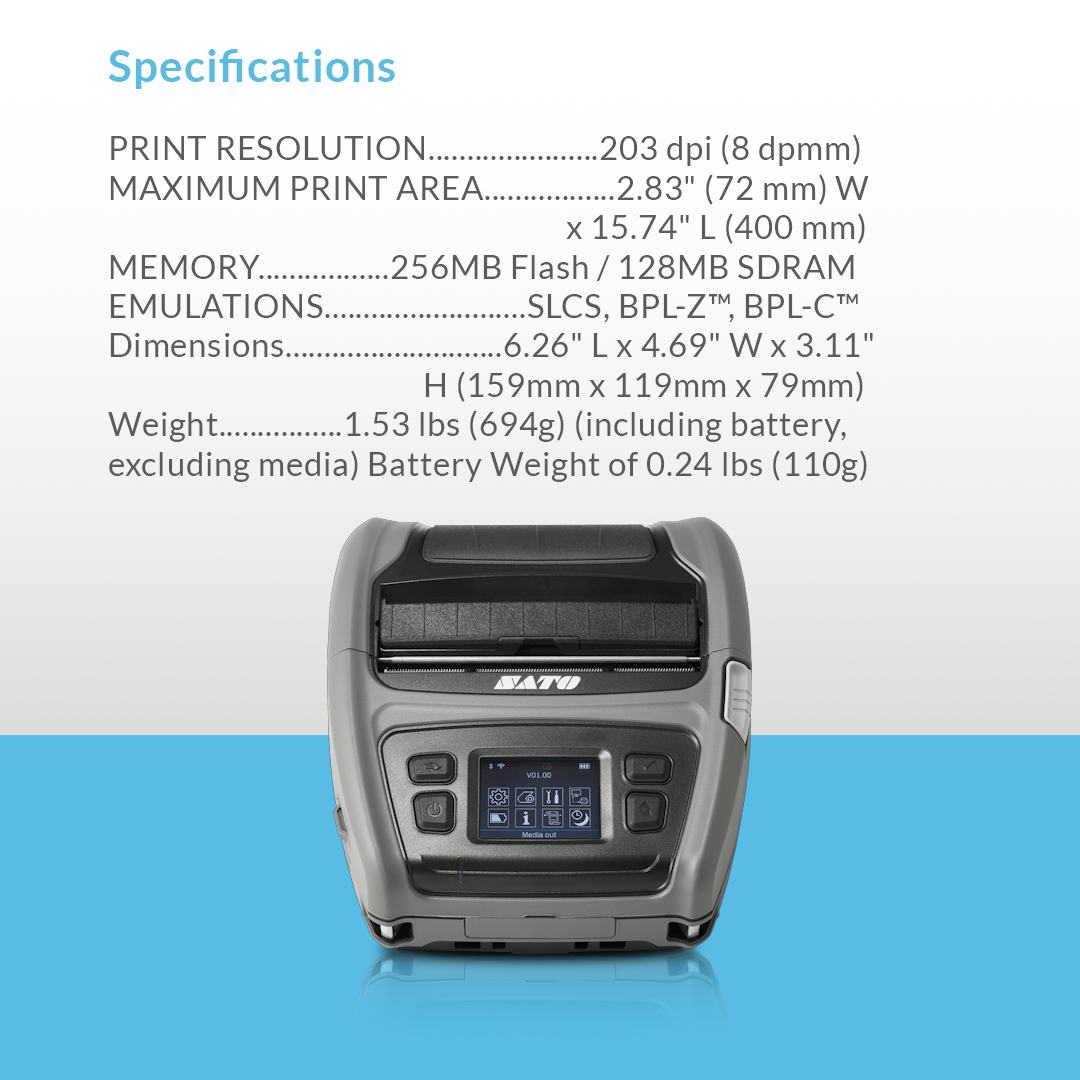 SATO PV3 203 dpi thermal label printer with technical specifications display