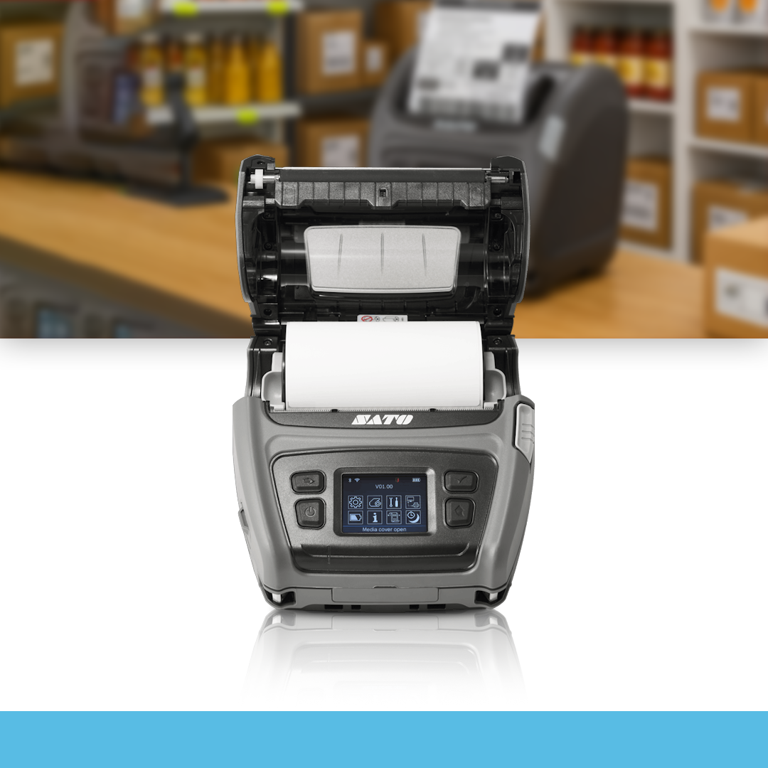 SATO PV4 WLAN 203 dpi thermal label printer open cover showing paper roll