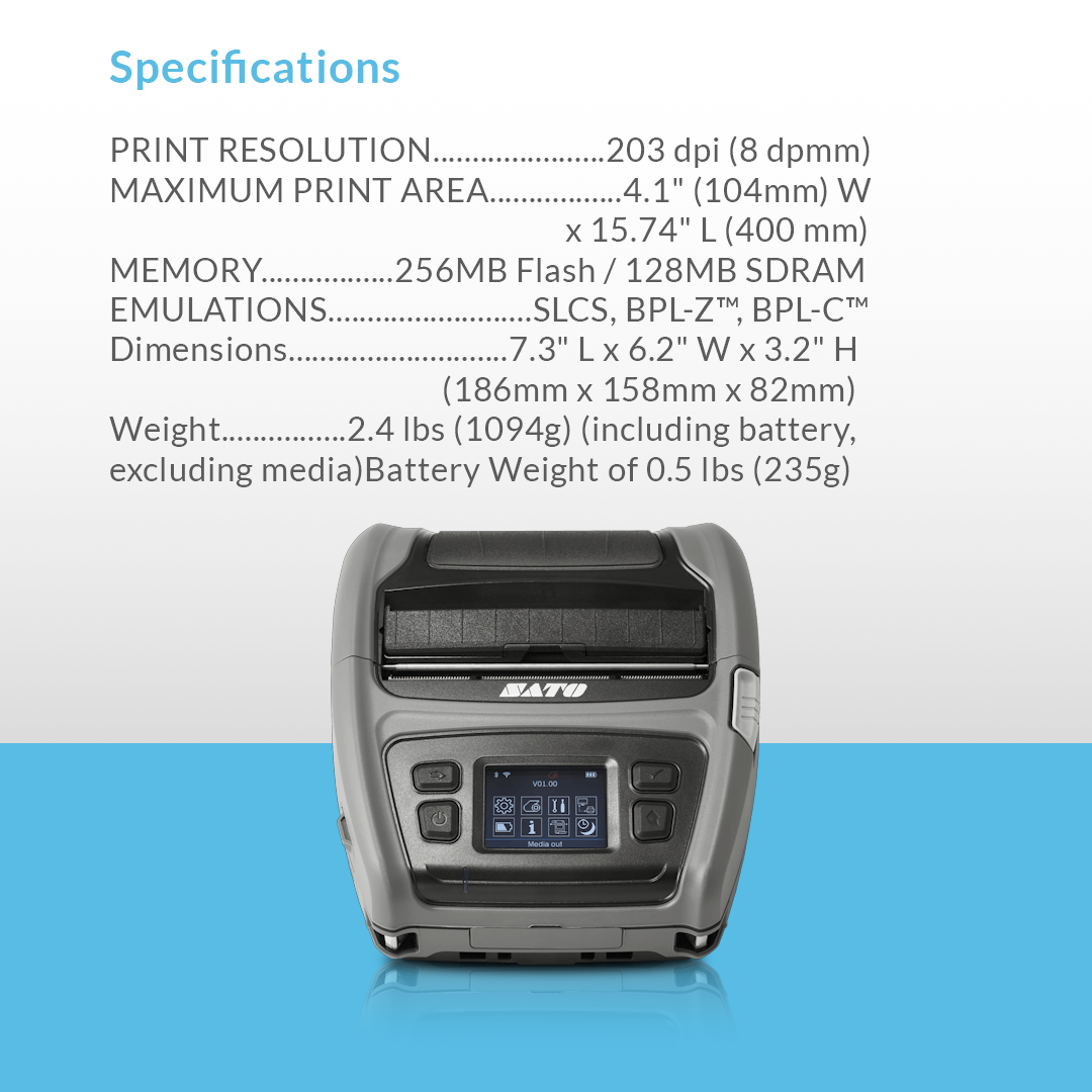SATO PV4 WLAN 203 dpi thermal label printer with specifications and feature list