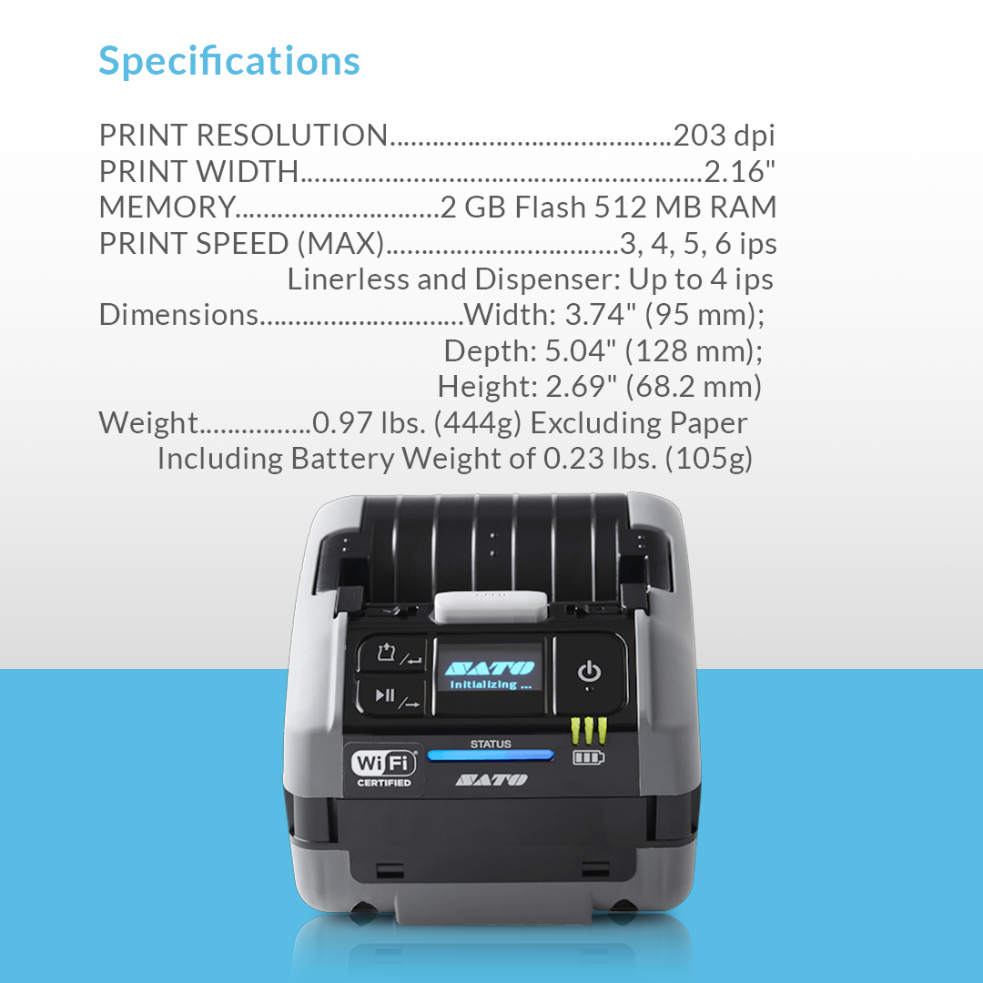SATO PW2NX 203 dpi portable thermal label printer with specifications and feature list