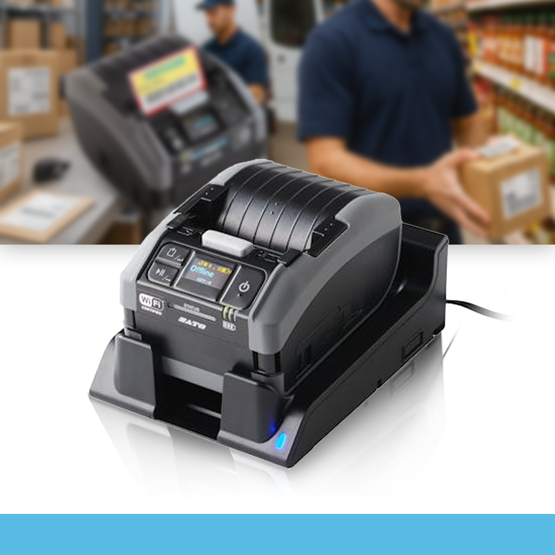 SATO PW2NX 203 dpi portable thermal label printer on table in warehouse with workers