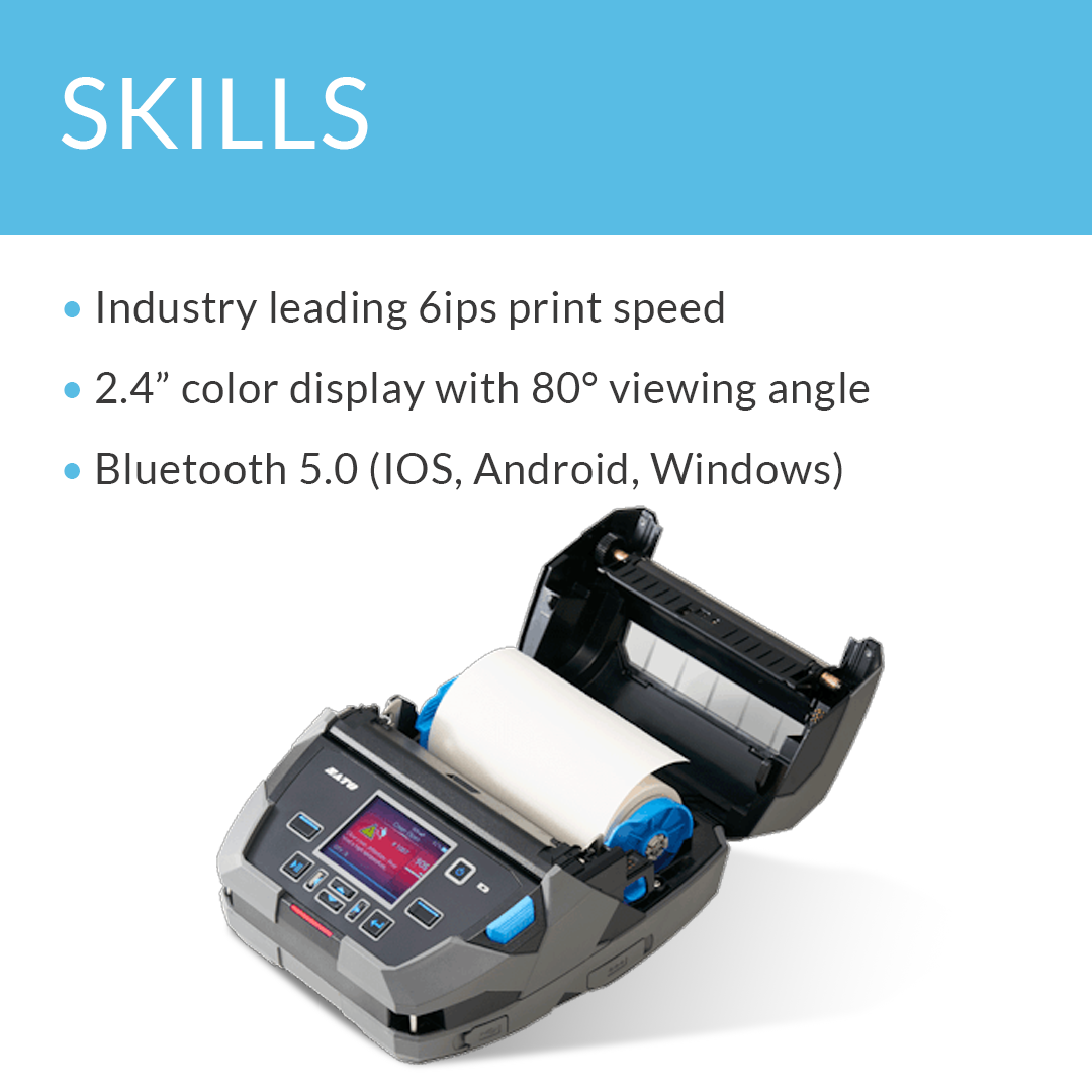 SATO PW4NX 203 dpi portable thermal label printer open cover with key skills and features list