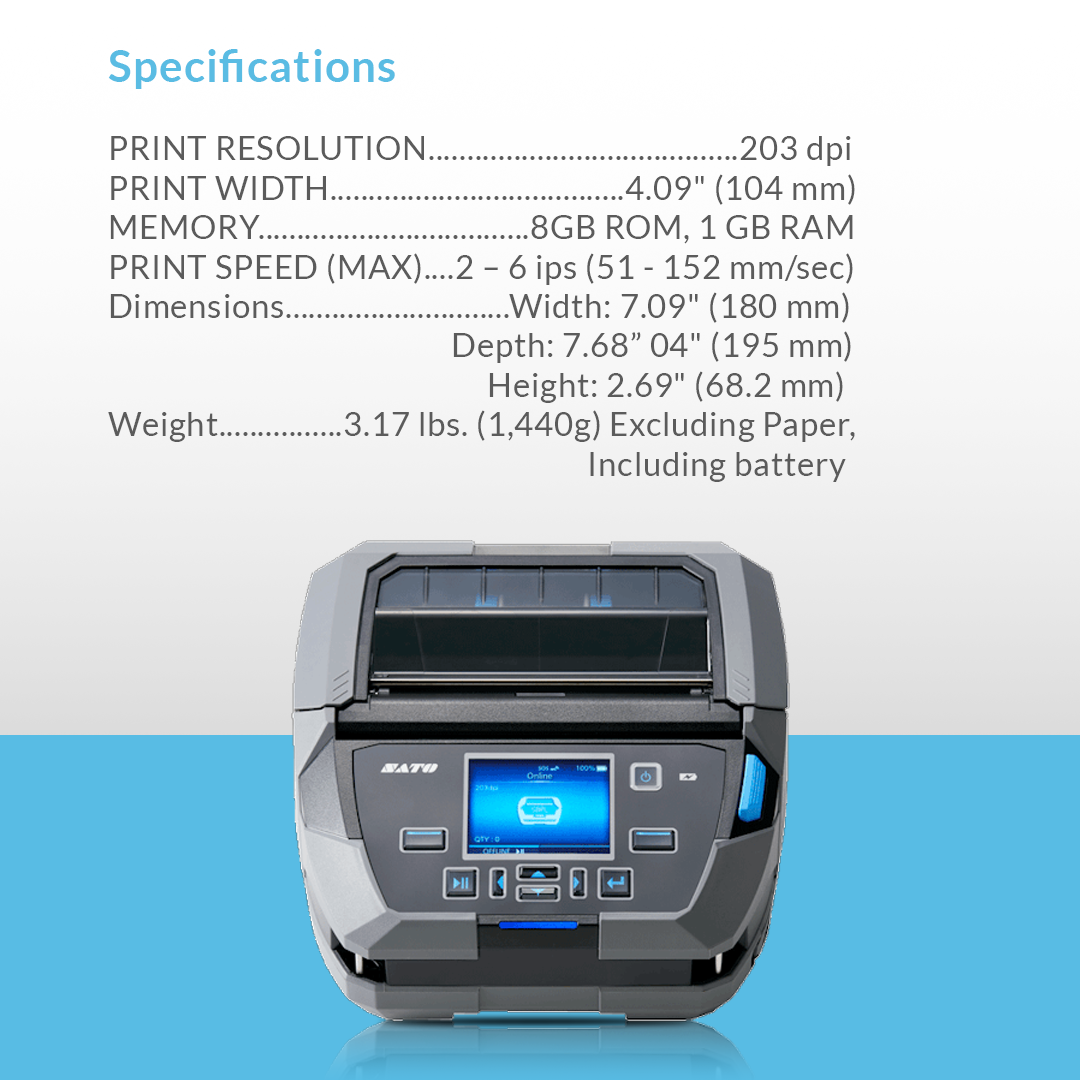 SATO PW4NX 203 dpi portable thermal label printer with specifications and feature list