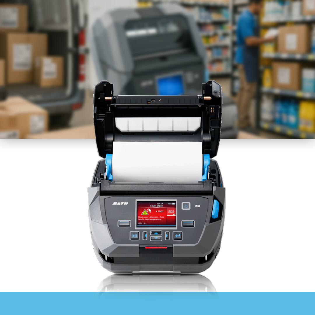 SATO PW4NX 203 dpi portable thermal label printer open cover showing paper roll