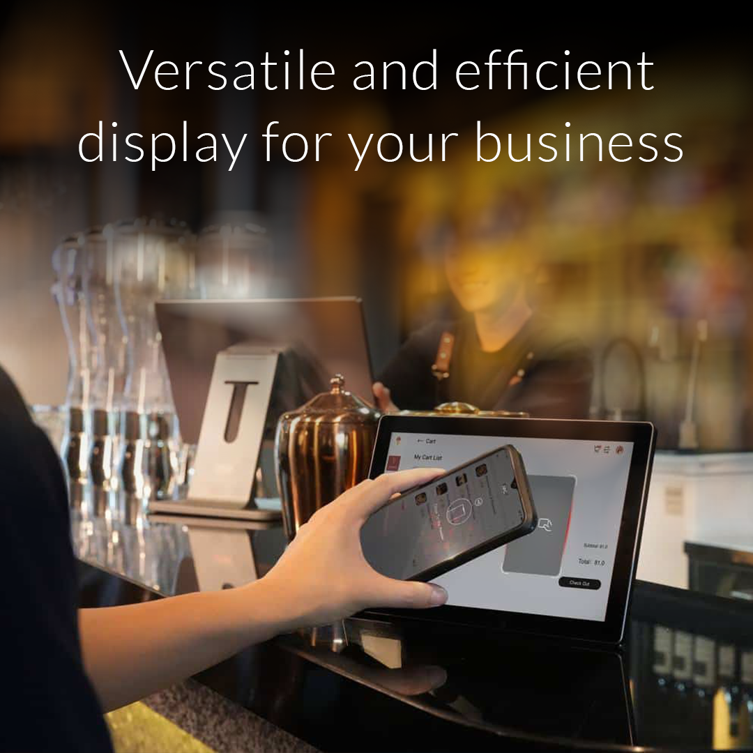 Swan 1 Display NFC, a versatile and efficient display for business, featuring NFC technology for seamless device pairing and interactive use in retail and hospitality environments.