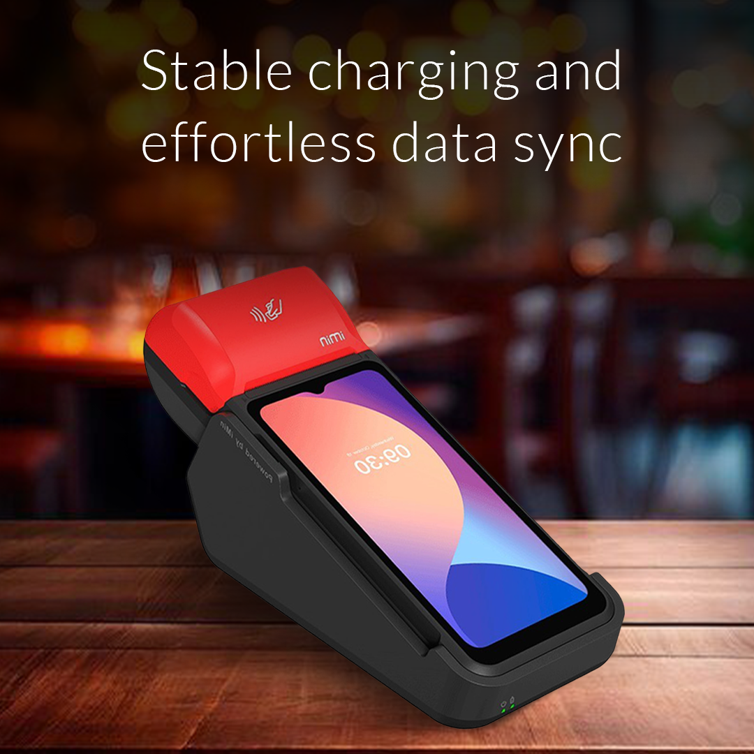IMin Swift 2 Cradle in use at a restaurant, providing stable charging and effortless data synchronization for mobile POS devices, ensuring smooth operations.