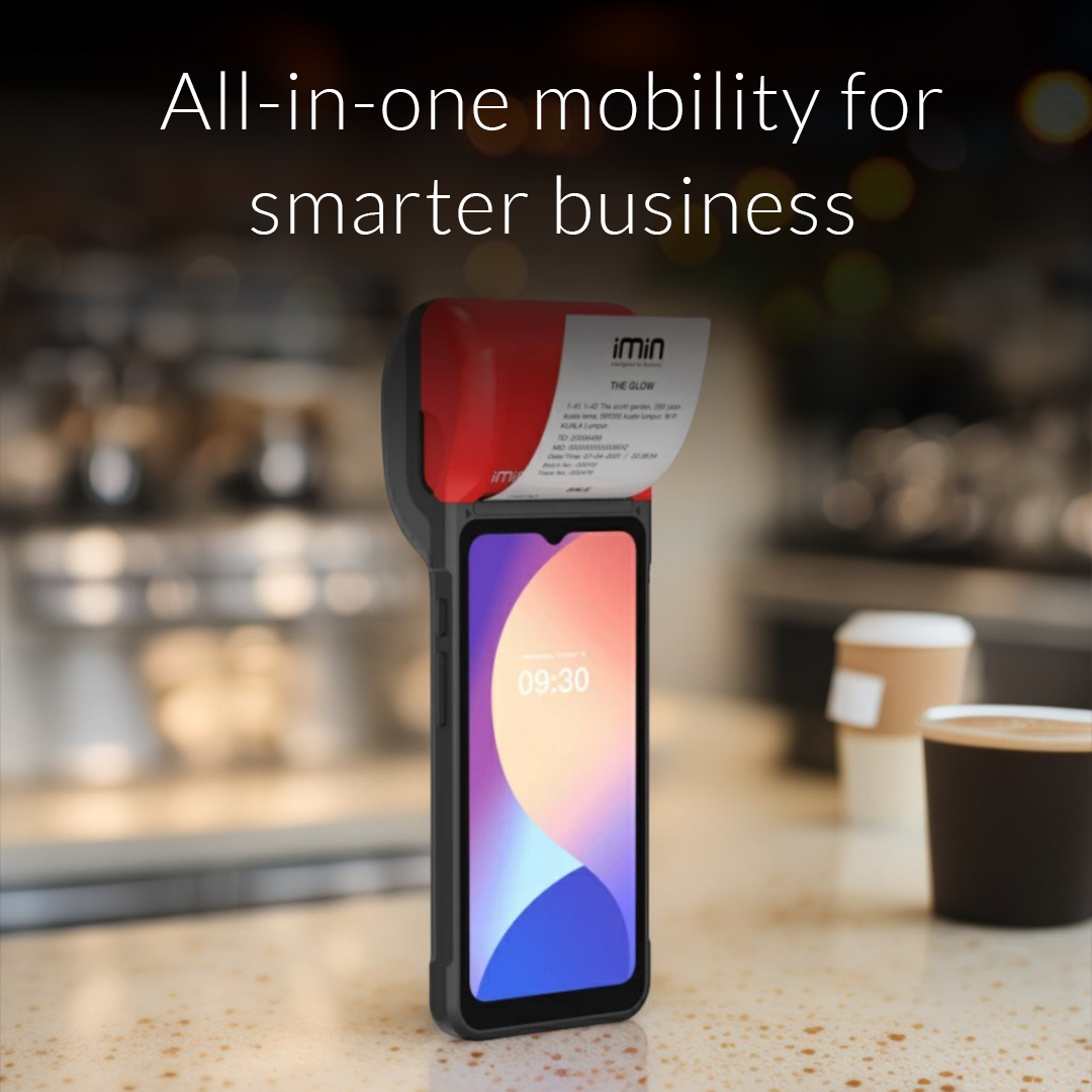 IMin Swift 2 Pro NFC (GMS) in use at a coffee shop, offering all-in-one mobility for smarter business with seamless contactless payments and integration with mobile POS systems.