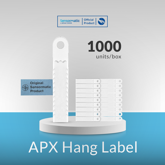 Sensormatic APX hang label packaging showing 1000 units per box for retail product protection and electronic article surveillance.