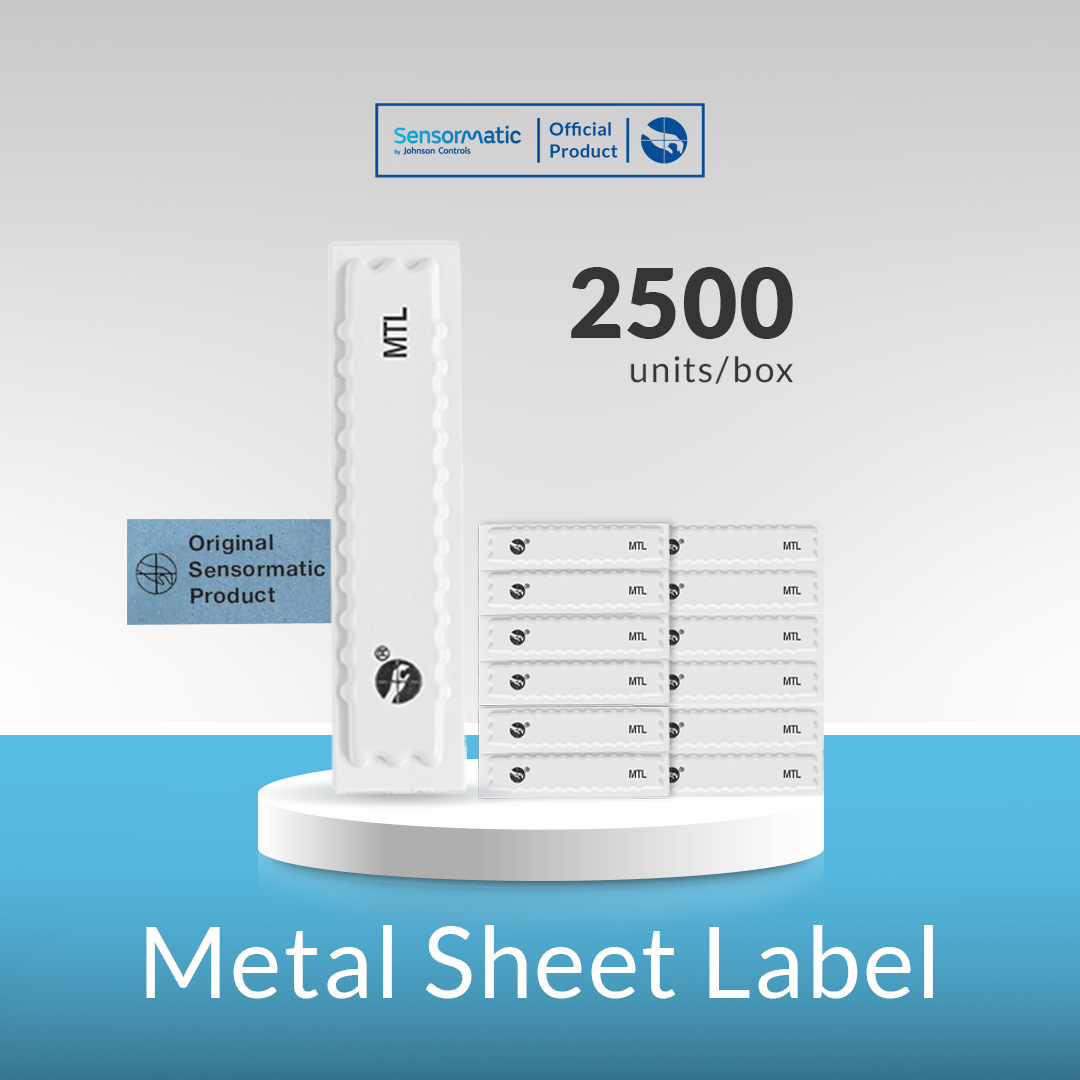 Sensormatic metal sheet label security tag packaging showing 2500 units per box for retail loss prevention.