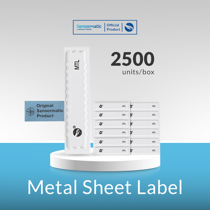 Sensormatic metal sheet label security tag packaging showing 2500 units per box for retail loss prevention.