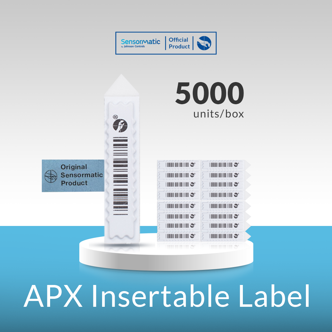 Sensormatic APX insertable label packaging showing 5000 units per box for retail product protection and electronic article surveillance.