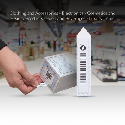 Sensormatic APX insertable label attached to product, suitable for clothing, accessories, electronics, cosmetics, food, and luxury items.