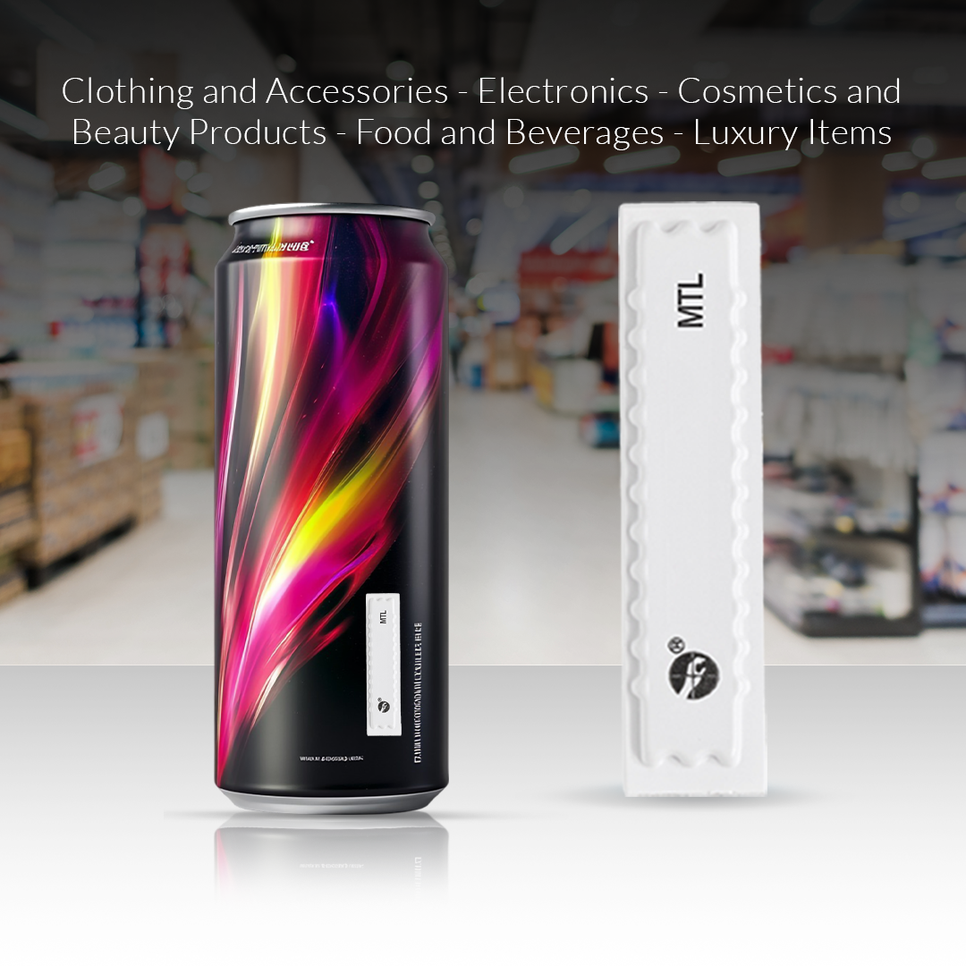 Sensormatic metal sheet label attached to canned beverage, compatible with clothing, electronics, cosmetics, food, and luxury items.