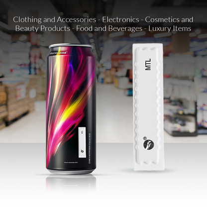 Sensormatic metal sheet label attached to canned beverage, compatible with clothing, electronics, cosmetics, food, and luxury items.