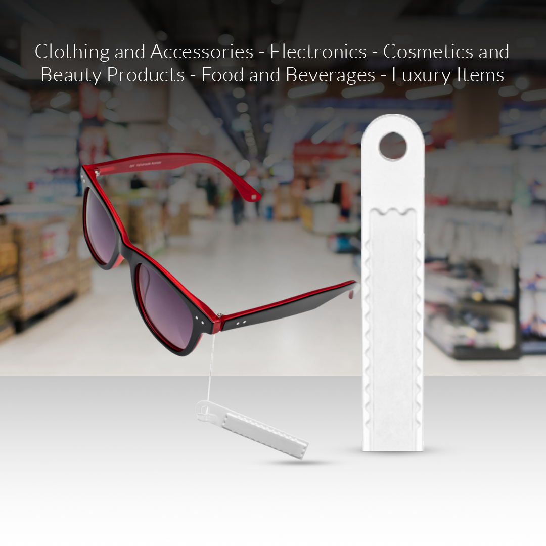 Sensormatic APX hang label attached to sunglasses, suitable for clothing, accessories, electronics, cosmetics, food, and luxury products.