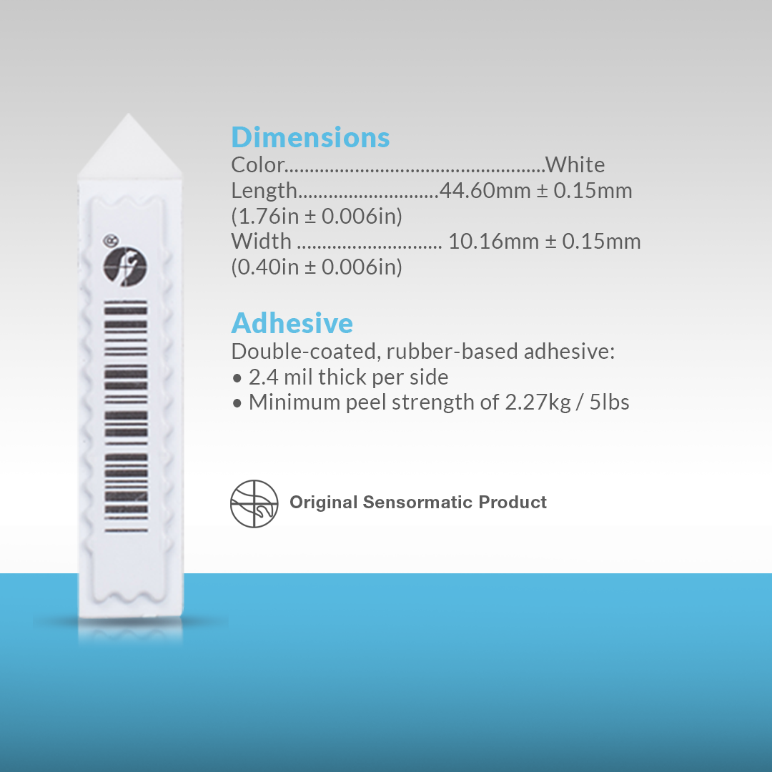 Sensormatic APX insertable label showing dimensions and adhesive properties for secure attachment and reliable retail product protection.